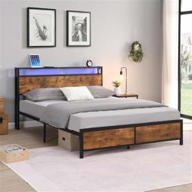 Industrial Queen Bed Frame with LED Lights and 2 USB Ports, Bed Frame Queen Size with Storage, Noise Free, No Box Spring Needed, Rustic Brown