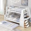 Twin over Full Bunk Bed with Trundle and Built-in Desk, Three Storage Drawers and Shelf,White