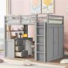 Full size Loft Bed with Drawers,Desk,and Wardrobe-Gray