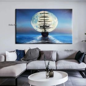 Handmade Sailboat Painting Seascape Original Art Boat Painting Nautical Artwork Full Moon Canvas Painting Night Sky Wall Art (size: 60x90cm)