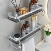 Glass Shelf for Bathroom 15.7 in Bathroom Shelves with Towel Bar Tempered Glass Shelves with 4 Removable Hooks for Wall(2 Tier)