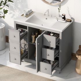 Contemporary Bathroom Vanity Cabinet - 36x18x34 inches, 4 Drawers & 1 Cabinet Door, Multipurpose Storage, Resin Integrated Sink, Adjustable Shelves, S (Color: Gray, Material: Solid Wood+MDF+Resin)