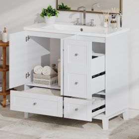 36" Modern Bathroom Vanity with USB Charging, Two Doors and Three Drawers Bathroom Storage Vanity Cabinet, Small Bathroom Vanity cabinet with single s (Color: White, Material: Solid Wood+MDF+Resin)