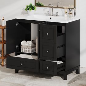 36" Modern Bathroom Vanity with USB Charging, Two Doors and Three Drawers Bathroom Storage Vanity Cabinet, Small Bathroom Vanity cabinet with single s (Color: Black, Material: Solid Wood+MDF+Resin)