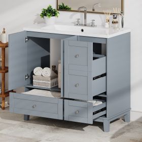 36" Modern Bathroom Vanity with USB Charging, Two Doors and Three Drawers Bathroom Storage Vanity Cabinet, Small Bathroom Vanity cabinet with single s (Color: Grey, Material: Solid Wood+MDF+Resin)