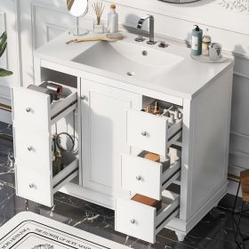 Contemporary Bathroom Vanity Cabinet - 36x18x34 inches, 4 Drawers & 1 Cabinet Door, Multipurpose Storage, Resin Integrated Sink, Adjustable Shelves, S (Color: White, Material: Solid Wood+MDF+Resin)