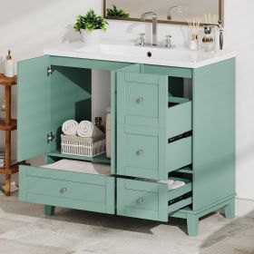 36" Modern Bathroom Vanity with USB Charging, Two Doors and Three Drawers Bathroom Storage Vanity Cabinet, Small Bathroom Vanity cabinet with single s (Color: Green, Material: Solid Wood+MDF+Resin)